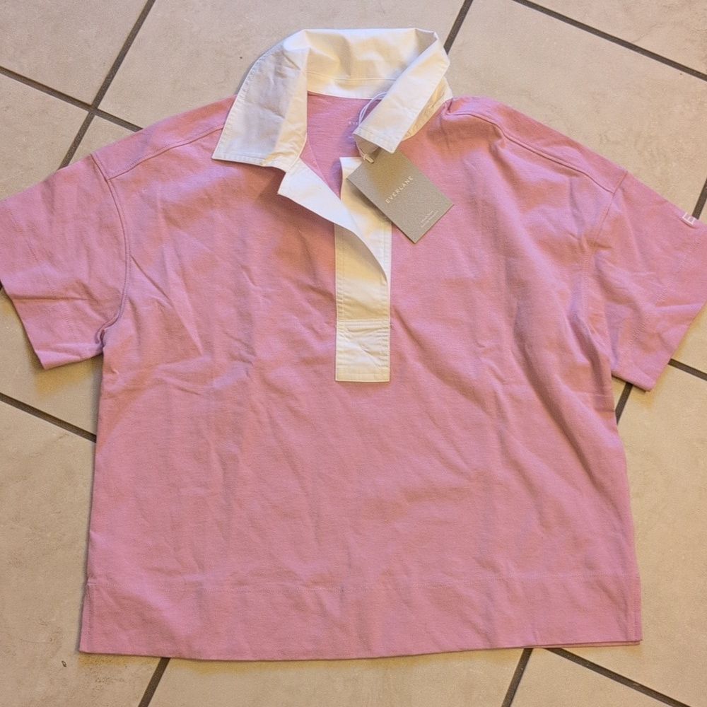 Lot Of 2 NWT Everlane Organic Cotton Polos Short Sleeve Top Mauve White Stripe S - Picture 2 of 16